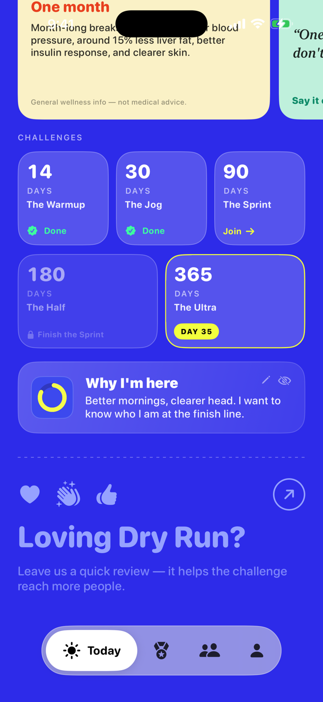 Dry Run Today page — daily science card, five challenge distances, and your why