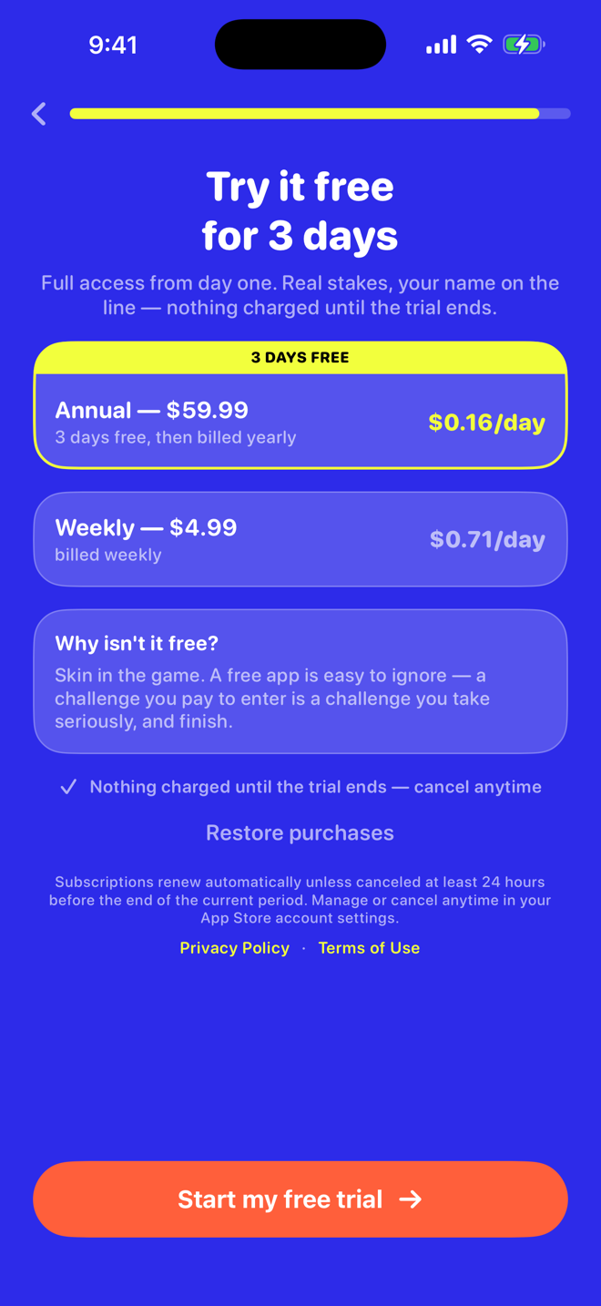 Dry Run paywall — try it free for 3 days, then annual or weekly
